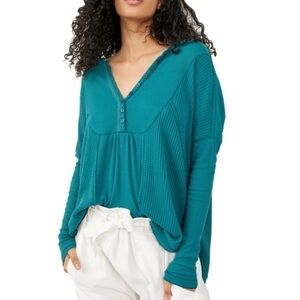Free People Leo Oversize Henley Soft Waffle Knit Tunic Top Teal Green Small